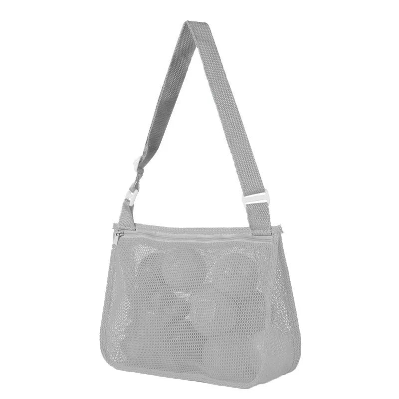 Blue nylon mesh travel storage bag with zip closure for children's toys and clothes