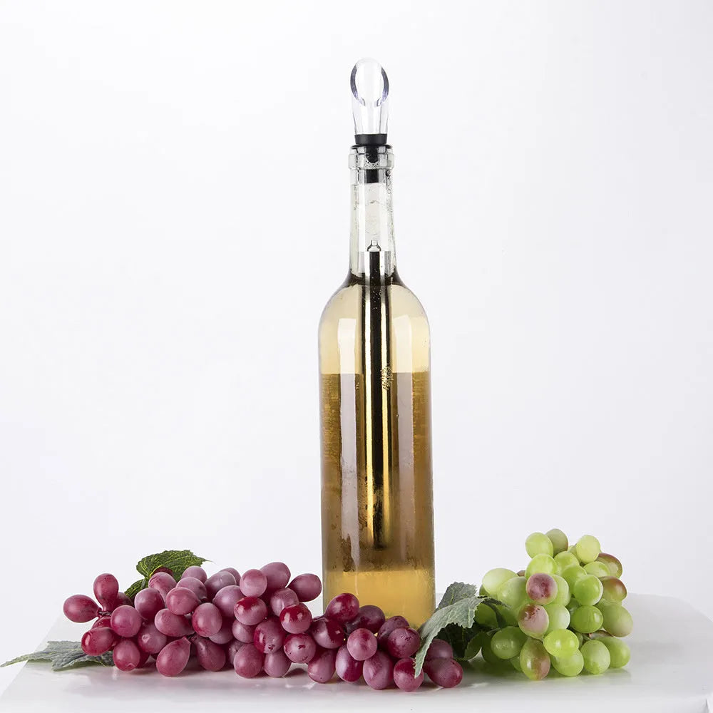 Stainless steel wine chilling rod with integrated drip-free pourer and aerator, shown in silver finish