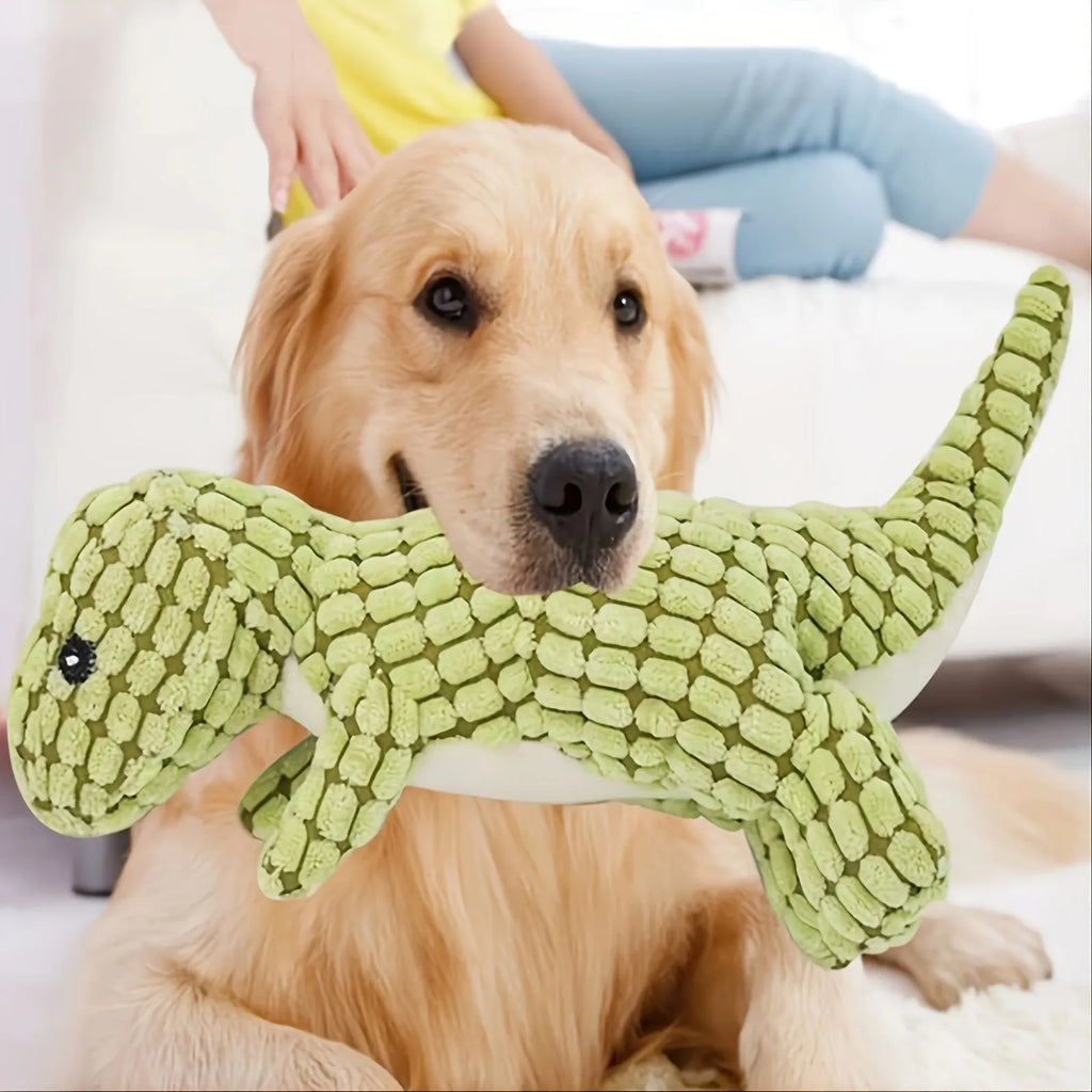 Grey, green, or orange bite-resistant dog toy with sound for puppies and large breeds.