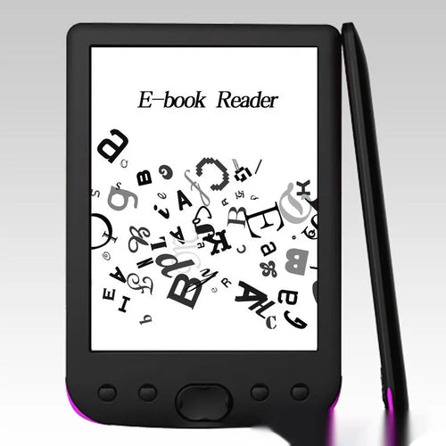 Black 6-inch e-ink screen e-book reader with multiple memory configuration options displayed