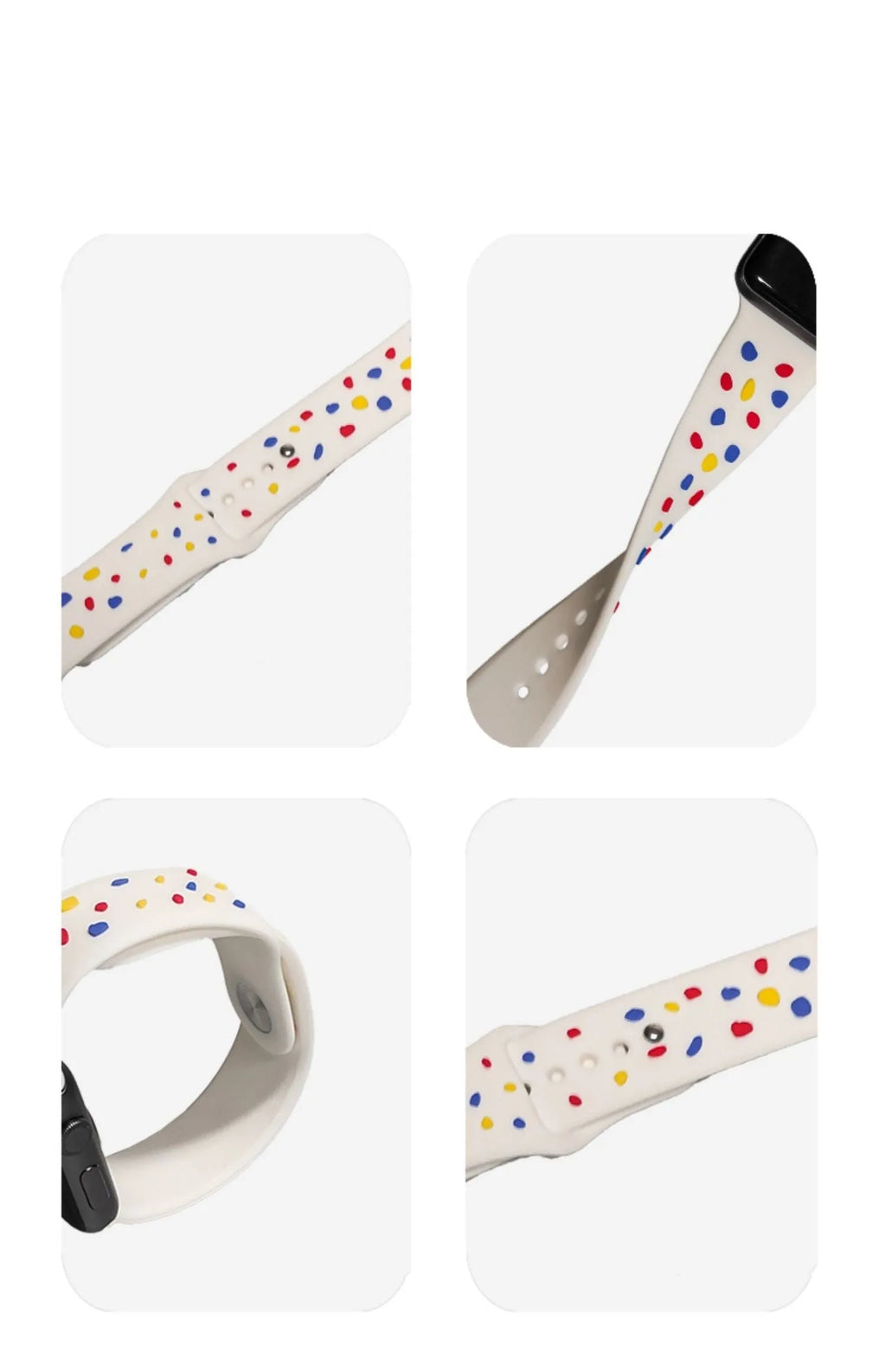 Silicone watch strap with coloured dots for Apple Watch, white with red and blue dots pattern