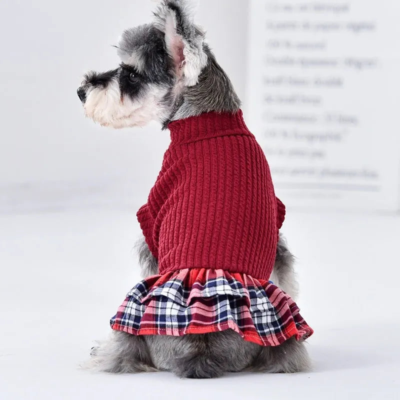 Princess style red dog dress for small Teddy and Bichon breeds, side view on light background