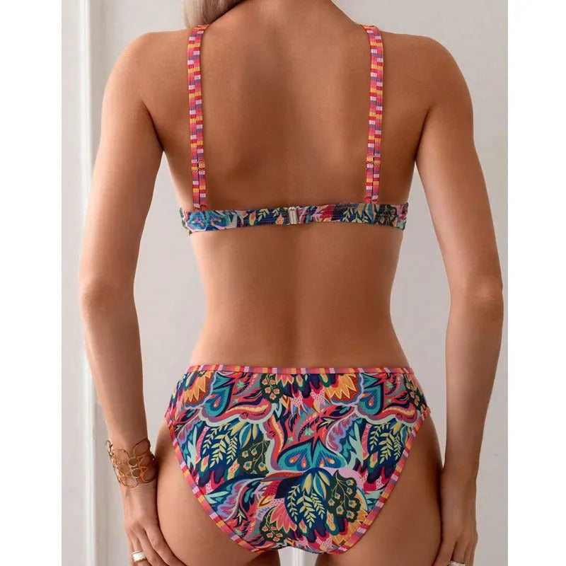 Women's printed halter neck swimsuit top and trousers in mixed colours