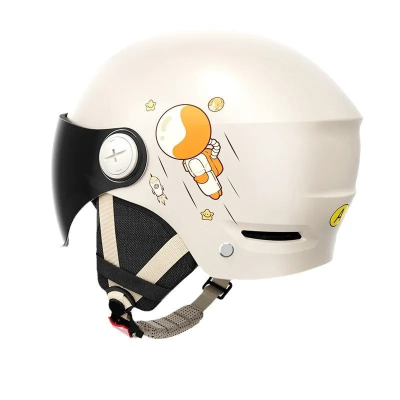 Khaki coloured half helmet for adults on an electric scooter, featuring a long mirrored visor.
