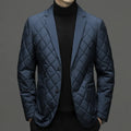 Men's solid colour thick down winter jacket with lapel and side seam pockets.
