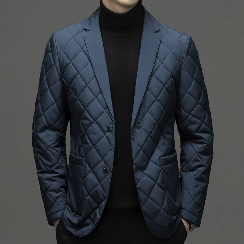 Men's solid colour thick down winter jacket with lapel and side seam pockets.