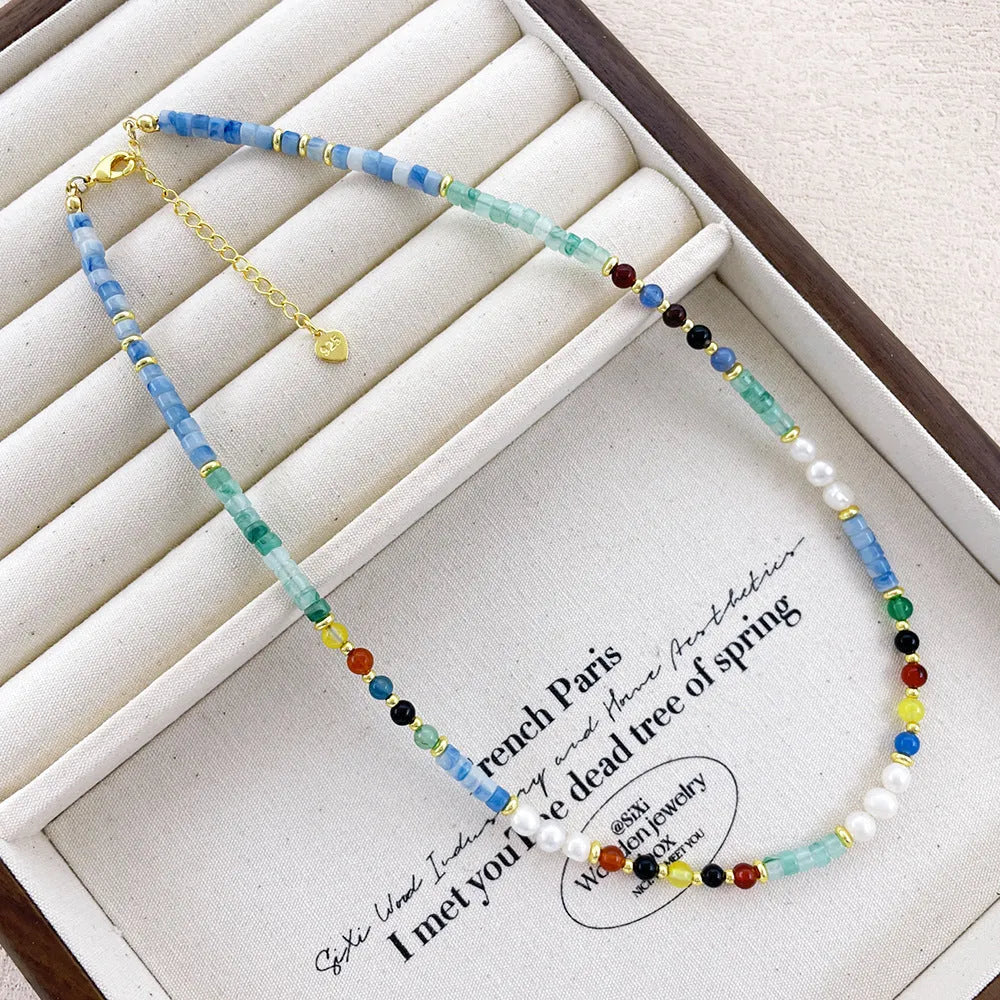 Pearl gradient mixed colour clavicle chain with mother of pearl shellfish pendant and ball bead chain