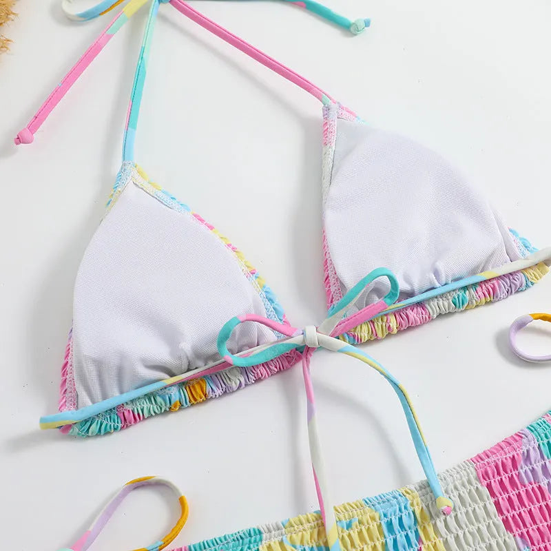 Multicolour floral printed women's triangle bikini with smocking craft details on the fabric.