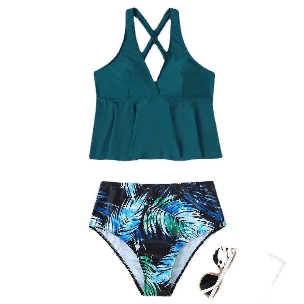 Peacock blue polyester high waist bikini set with ribbon detail on woman at beach