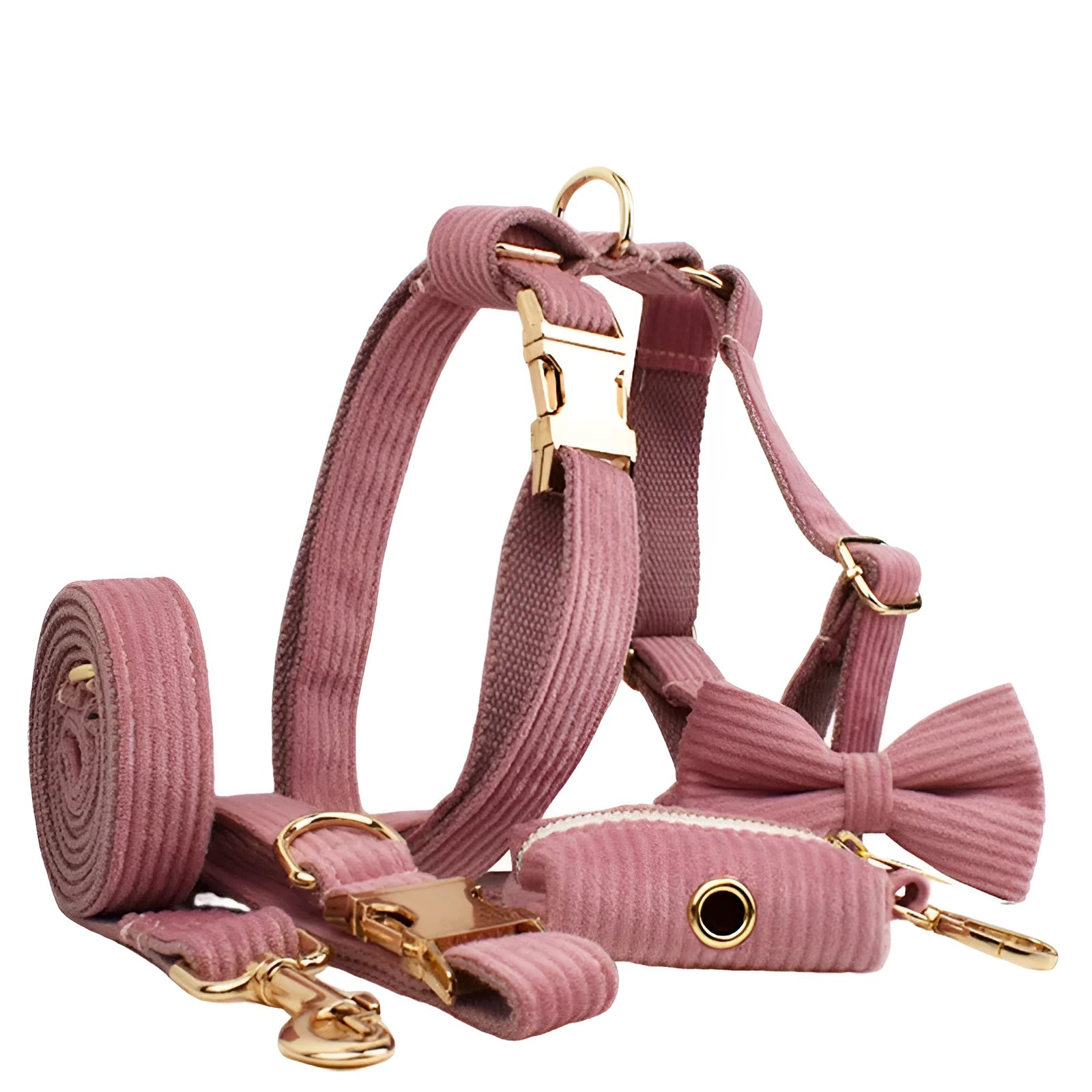 Corduroy dog collar and leash set with matching vest, bow, and poop bag holder accessories