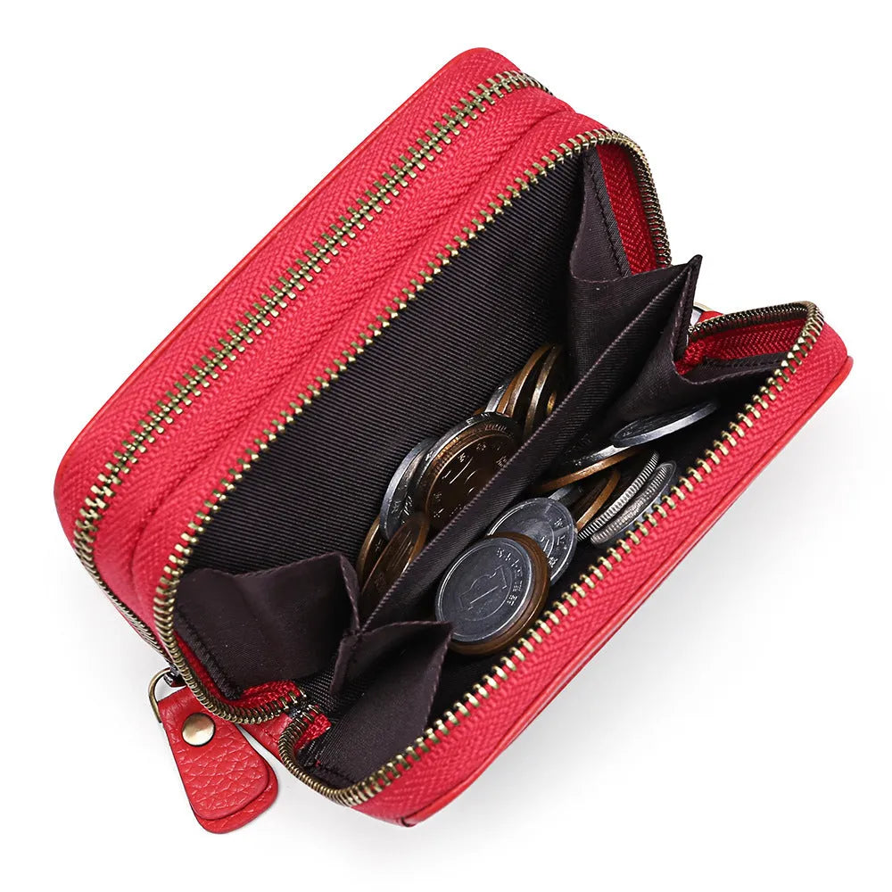 Genuine cowhide leather double layer card holder with zipper, shown in red colour with gift box.