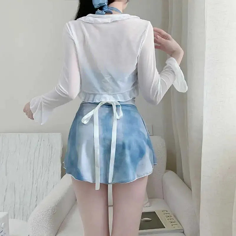 Blue women's conservative one-piece swimsuit with long sleeves in milk silk fabric