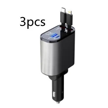Metal car charger with retractable cable and adjustable head, USB and Type-C ports, 100W fast charging