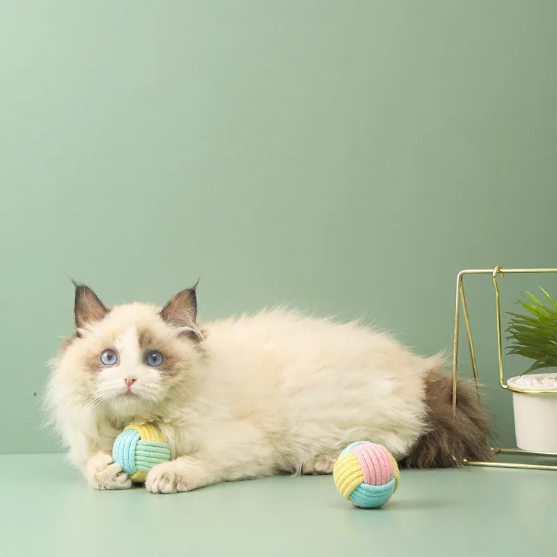 Handmade 5cm cat hair ball plush toy in blue powder, green blue, and pink green colours for interactive play