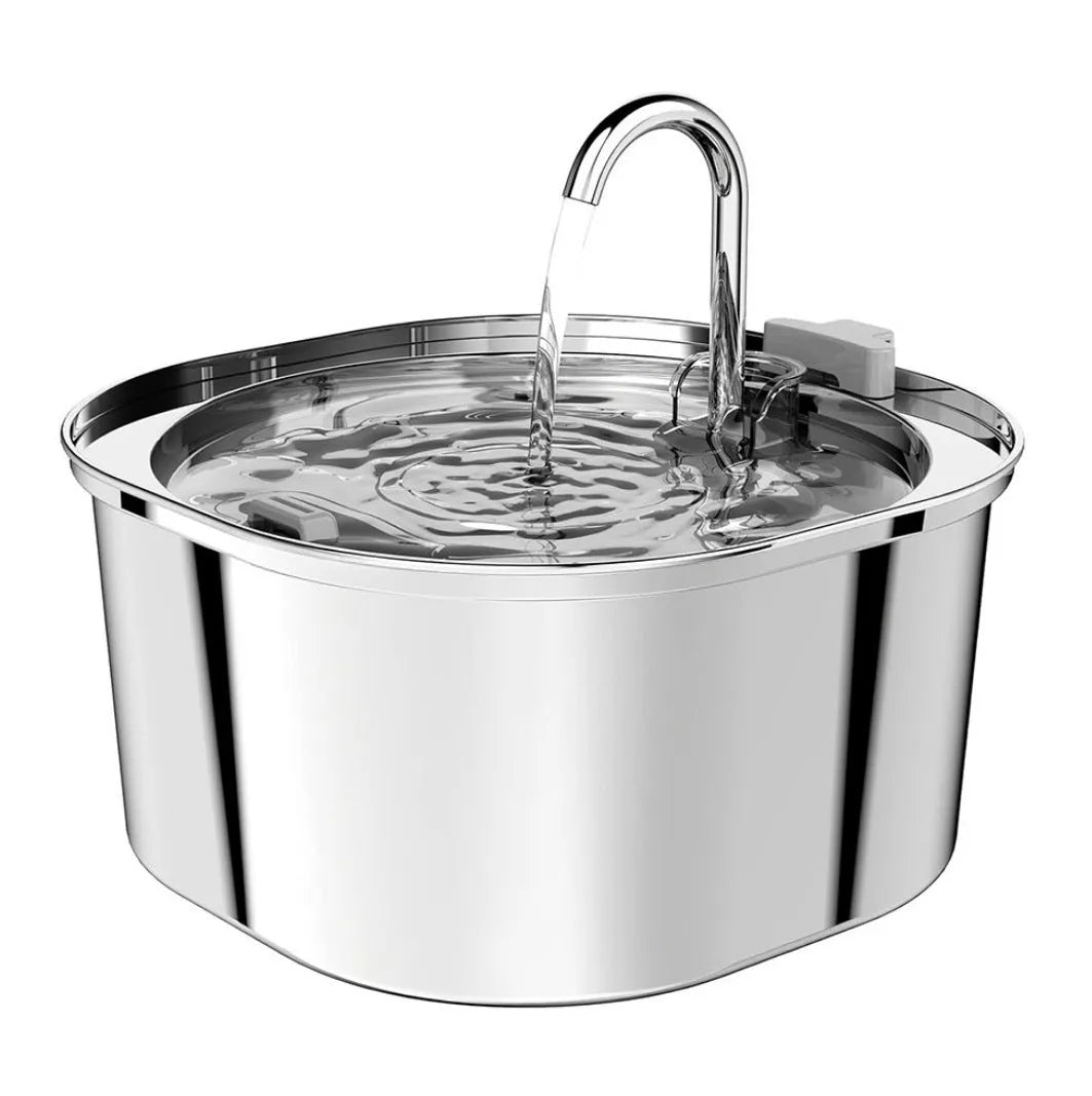 Stainless steel pet water dispenser with round basin and window faucet for dogs and cats.