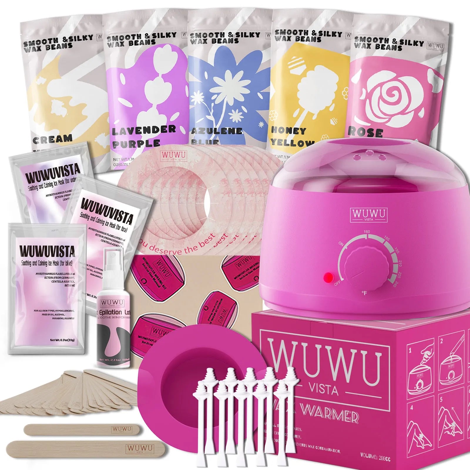 Professional waxing kit with wax warmer, five jars of hard wax beans, applicator sticks, and post-care products.
