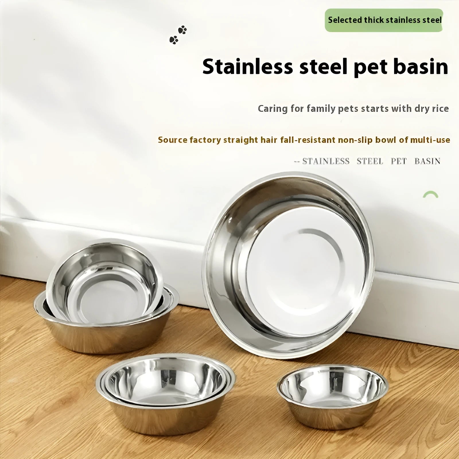 Stainless steel non-slip pet bowl for cats and dogs in various sizes.