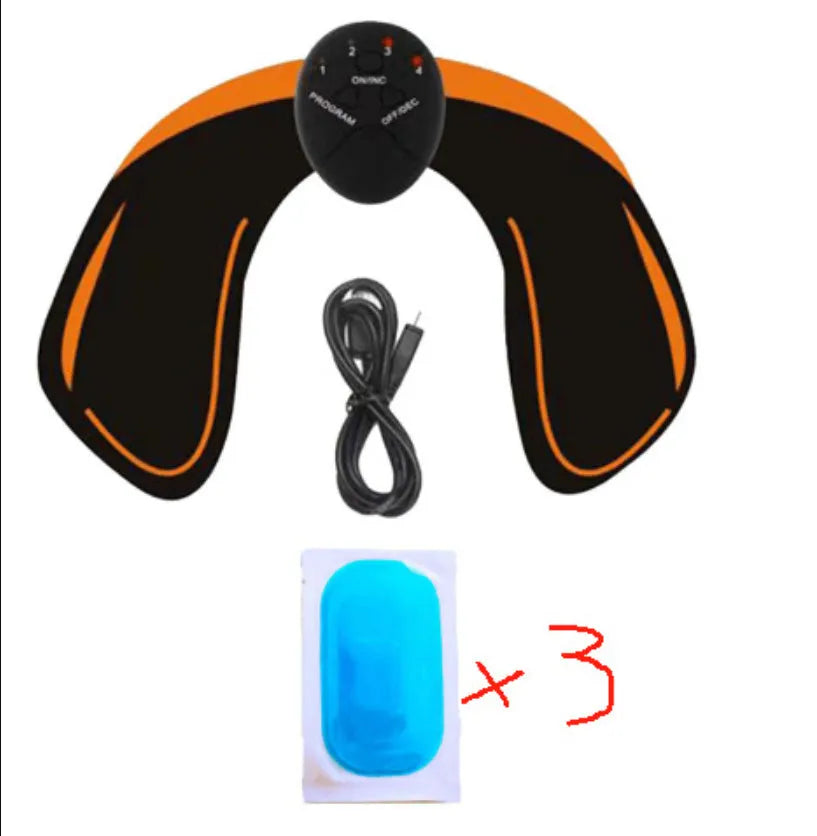 Compact EMS hip muscle training stimulator device with adhesive gel pads for buttocks and abdomen.
