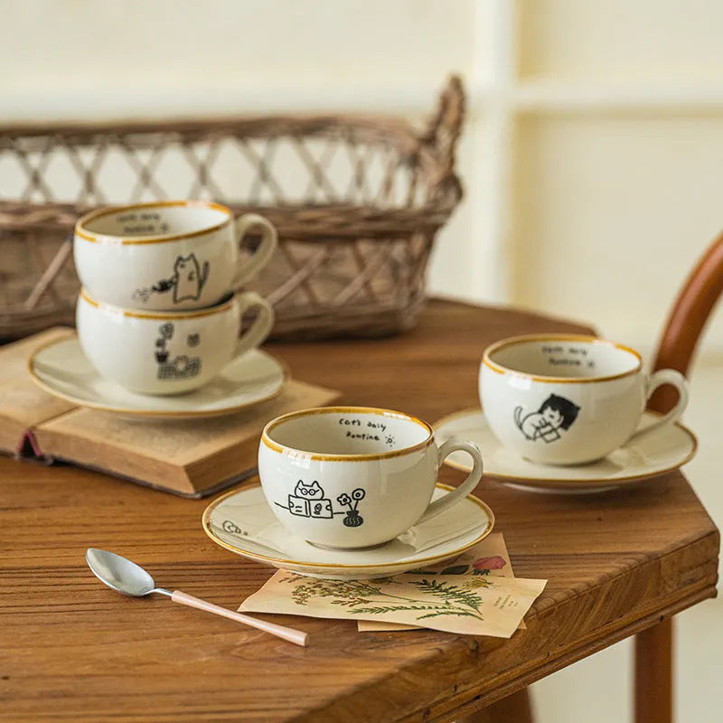Cute Japanese cat ceramic coffee cup 250ml with healing illustration in Reading design on a table