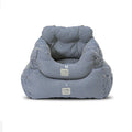 Canvas pet car seat cushion in stripe colour, available in medium 50x45x36cm and large 60x50x36cm sizes on a car seat.