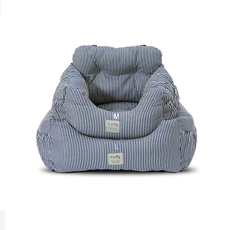 Canvas pet car seat cushion in stripe colour, available in medium 50x45x36cm and large 60x50x36cm sizes on a car seat.
