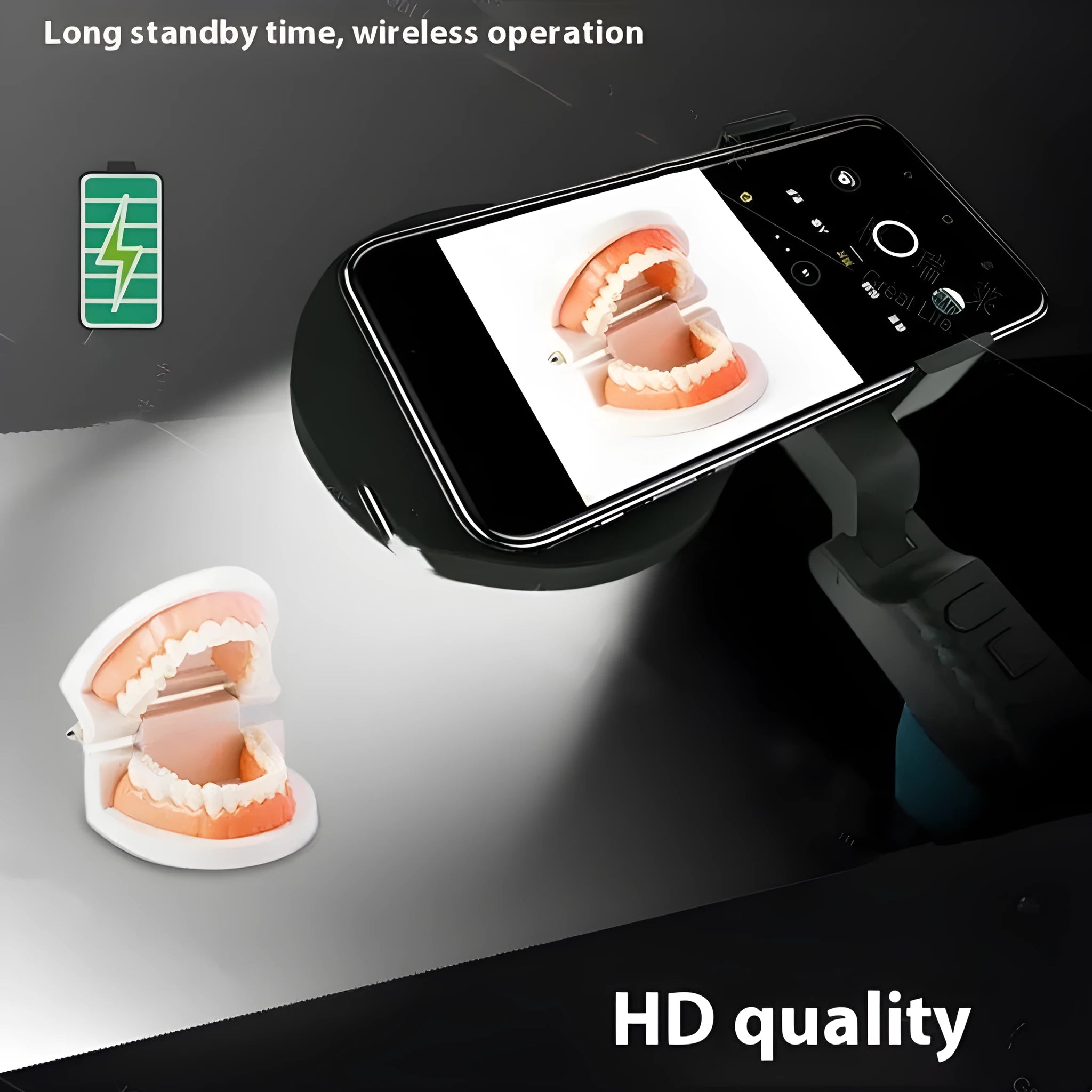Black handheld LED fill light for mobile phone photography, showing compact portable design.