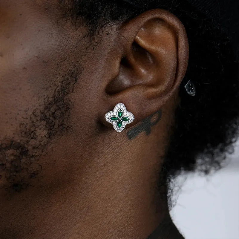 Four-leaf clover stud earrings with full diamond micro inlay, copper base, flower and leaf shape