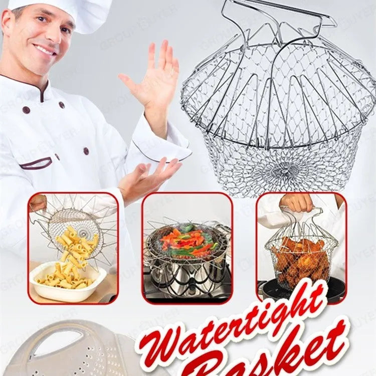 23cm square stainless steel foldable deep fry basket with mirror finish