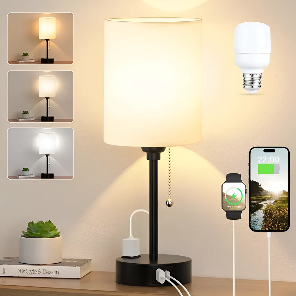 Taye C fabric table lamp with USB charging port and straight linen lampshade in modern simplicity style