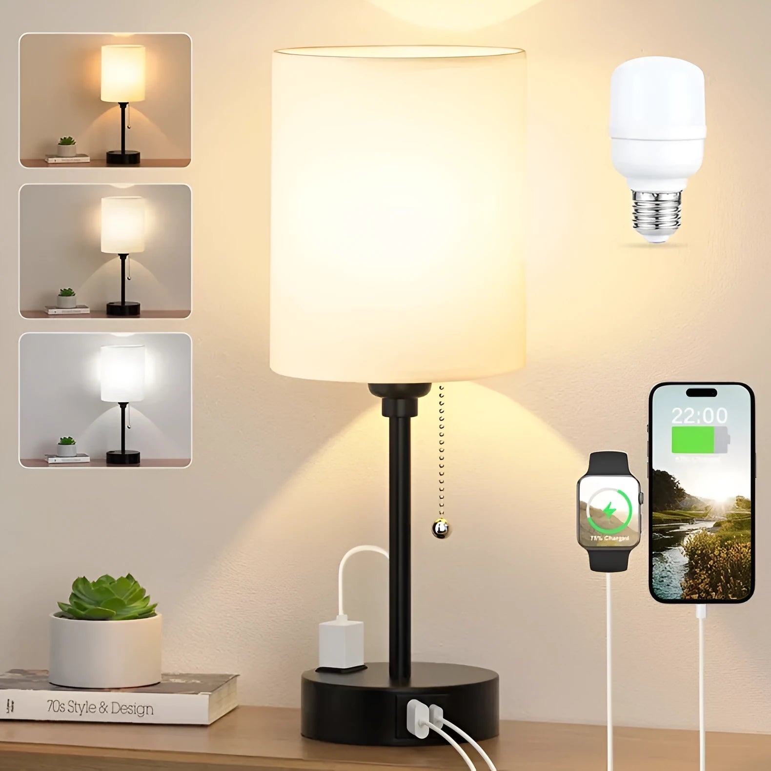 Taye C fabric table lamp with USB charging port and straight linen lampshade in modern simplicity style