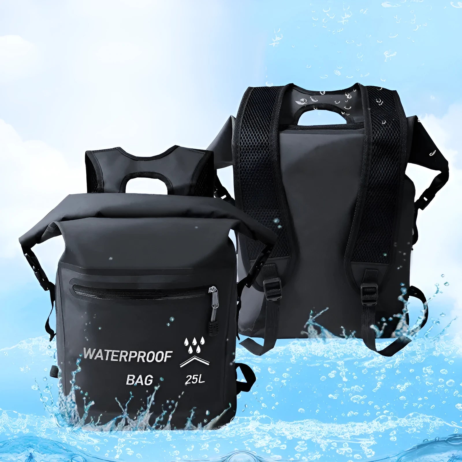Black 25 litre waterproof backpack for outdoor swimming and rafting