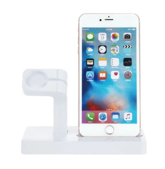 White 2-in-1 desktop charging dock station holding an iPhone and an Apple Watch.
