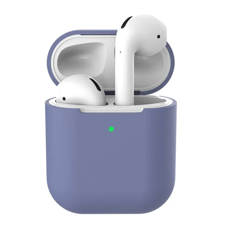 Silicone protective clamshell case for Apple AirPods 2 wireless earphones in various solid colours.