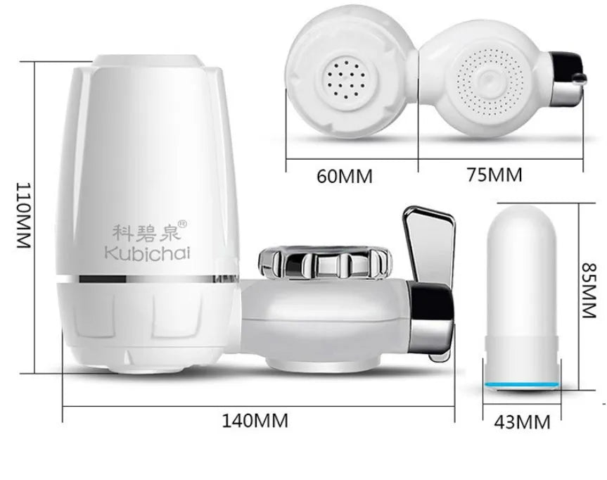 White kitchen faucet water filter with ceramic cartridge and universal thread adapters for tap mounting.