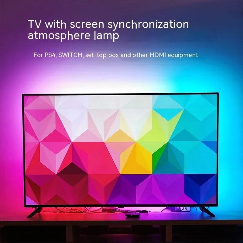 TV ambience light strip with colourful LED illumination positioned behind television for background lighting effects