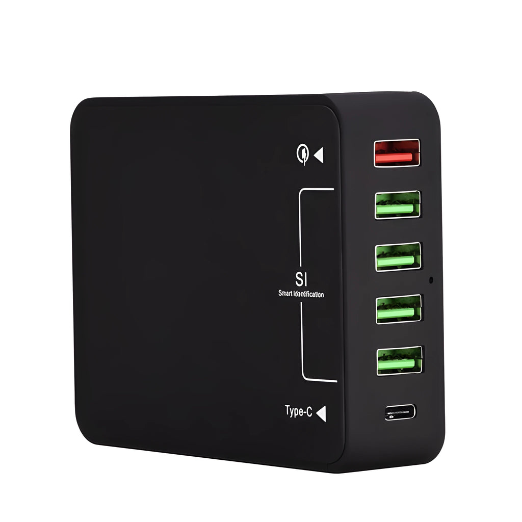 Black multi-port USB mobile phone charger with 8000mA current, 5V output and AU EU UK US model options