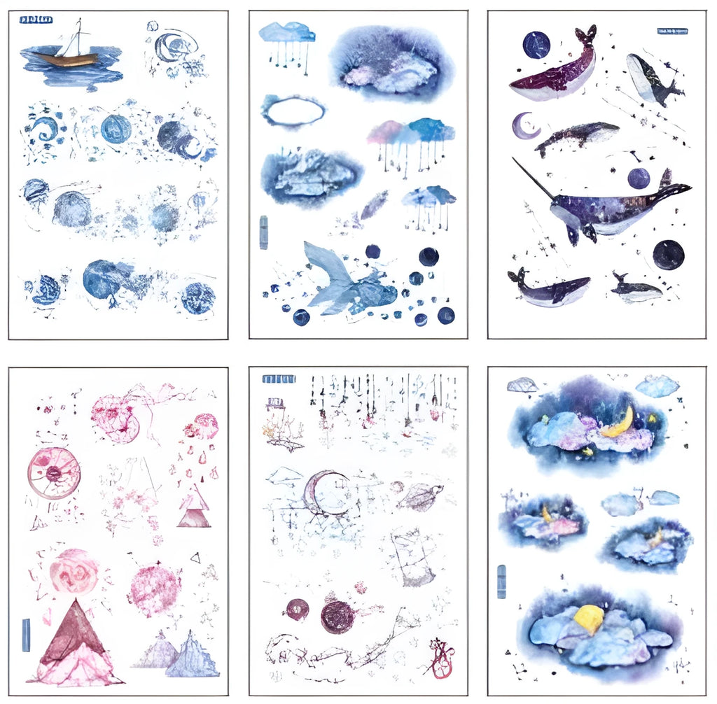 Abu Japanese paper sticker set with fantasy stars pattern, showing 10.5 by 14.1 cm size