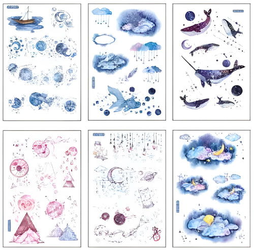Abu Japanese paper sticker set with fantasy stars pattern, showing 10.5 by 14.1 cm size