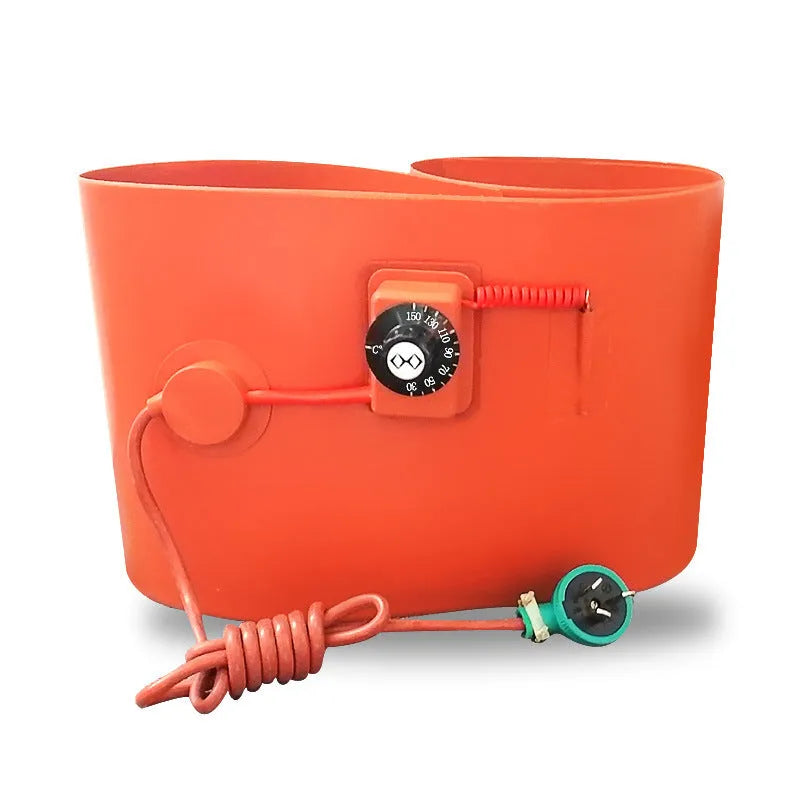 Silicone rubber heating belt wrapped around a 200-litre oil drum with digital display control.
