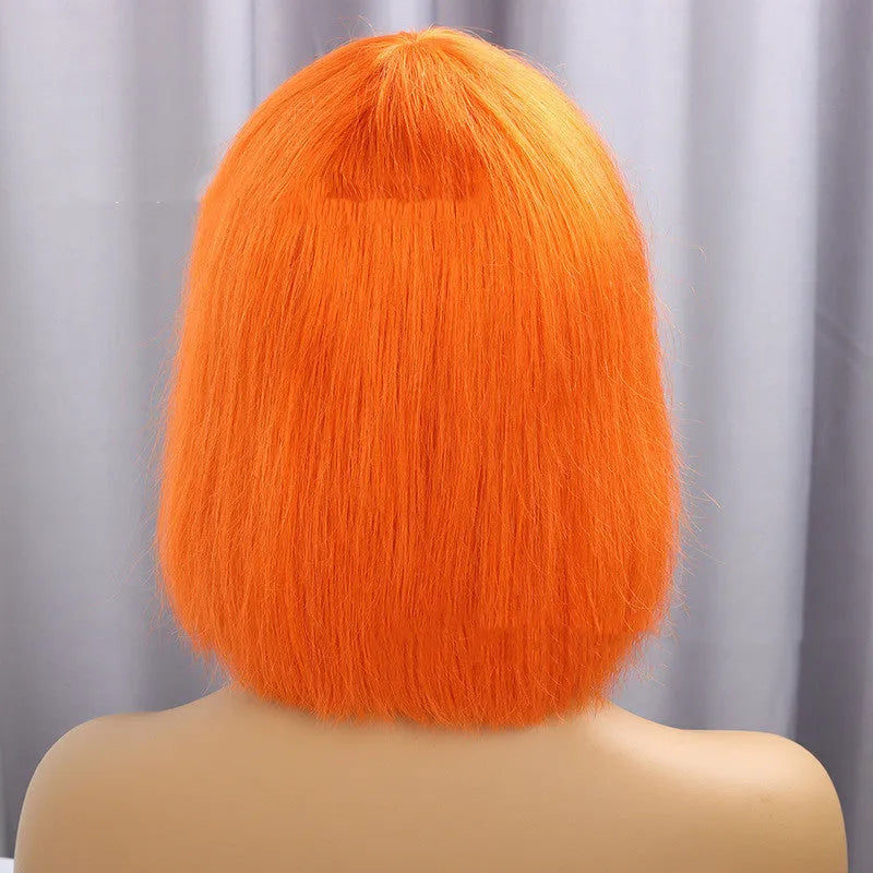 Real hair full bangs headgear wig in short straight style, 10 inches, Qi bangs, mechanised construction