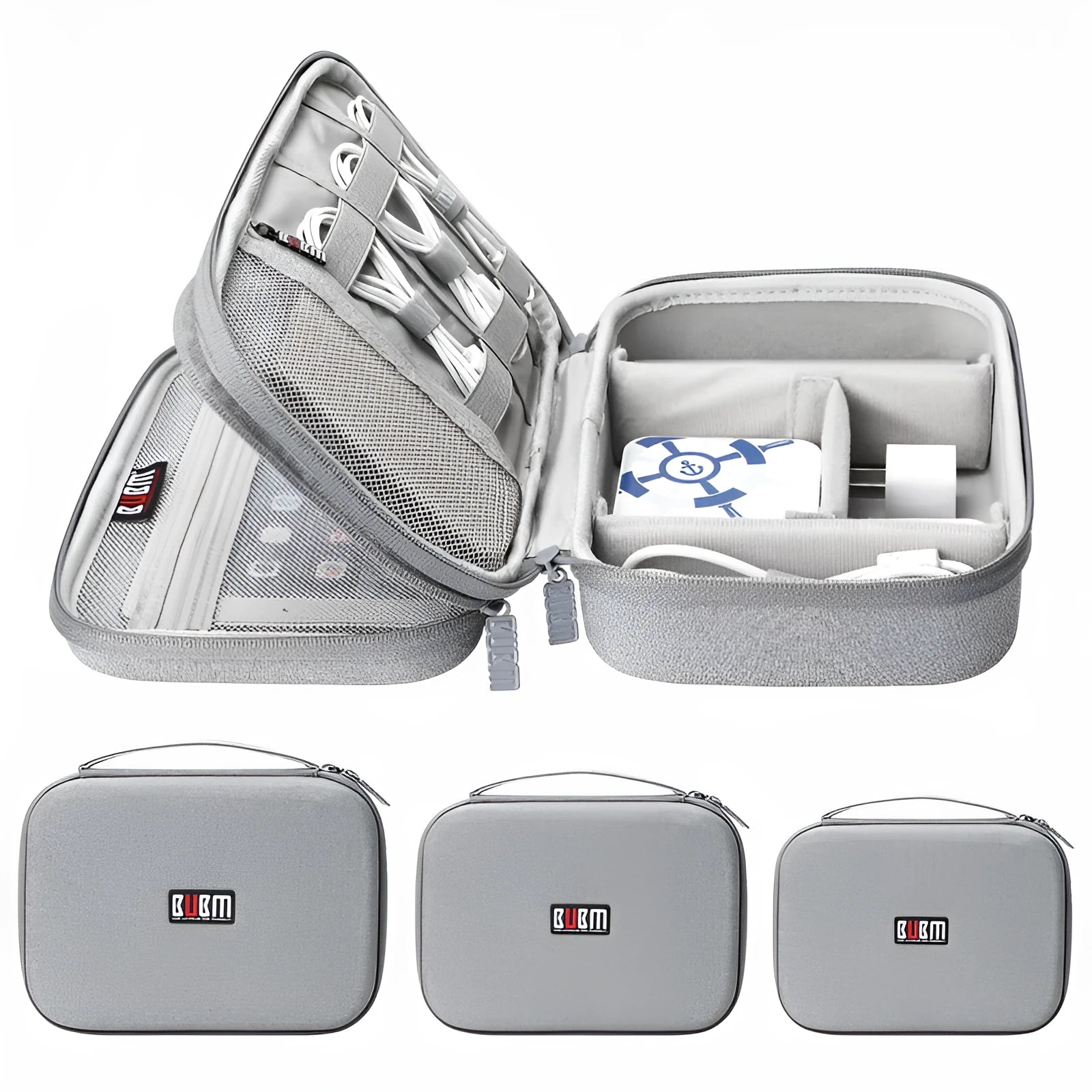 Black and grey EVA digital storage bag with hand bag shape for organising headphones and cables.