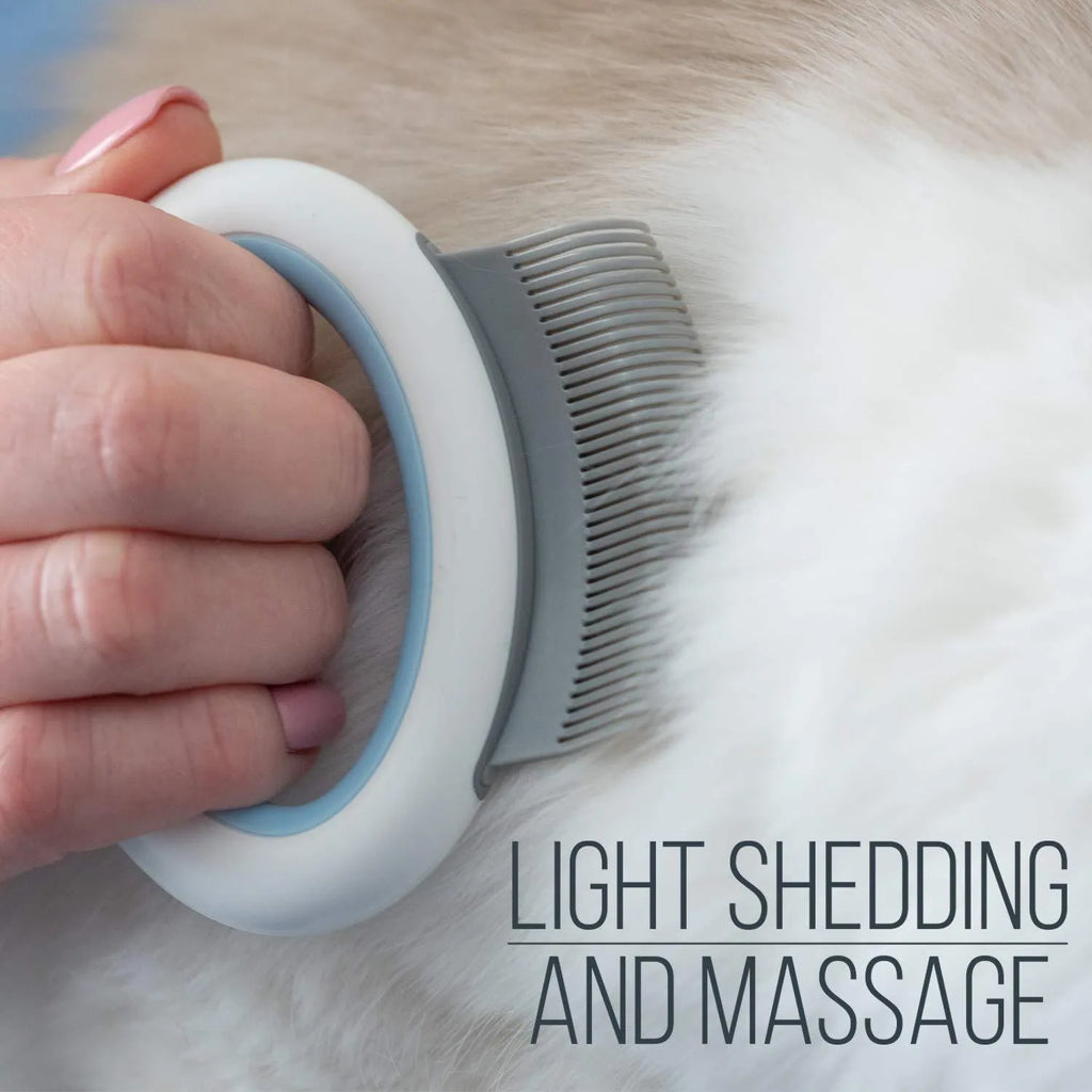 Blue pet grooming comb for cats and dogs with soft teeth and ergonomic handle