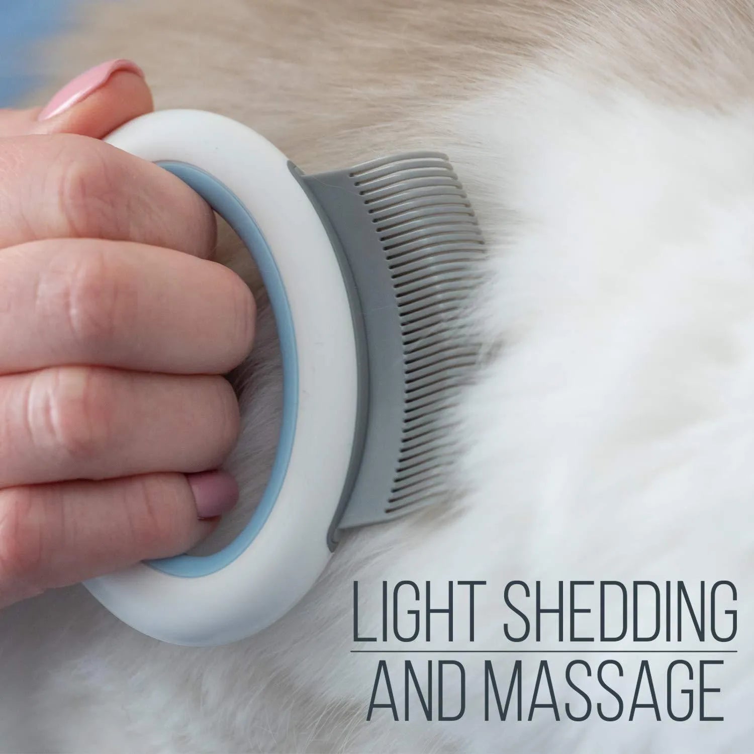 Blue pet grooming comb for cats and dogs with soft teeth and ergonomic handle