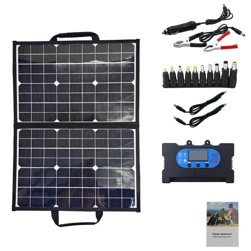 Black 40W single crystal solar panel folded into a slim bag, showing fabric texture and dimensions of 425mm by 285mm.