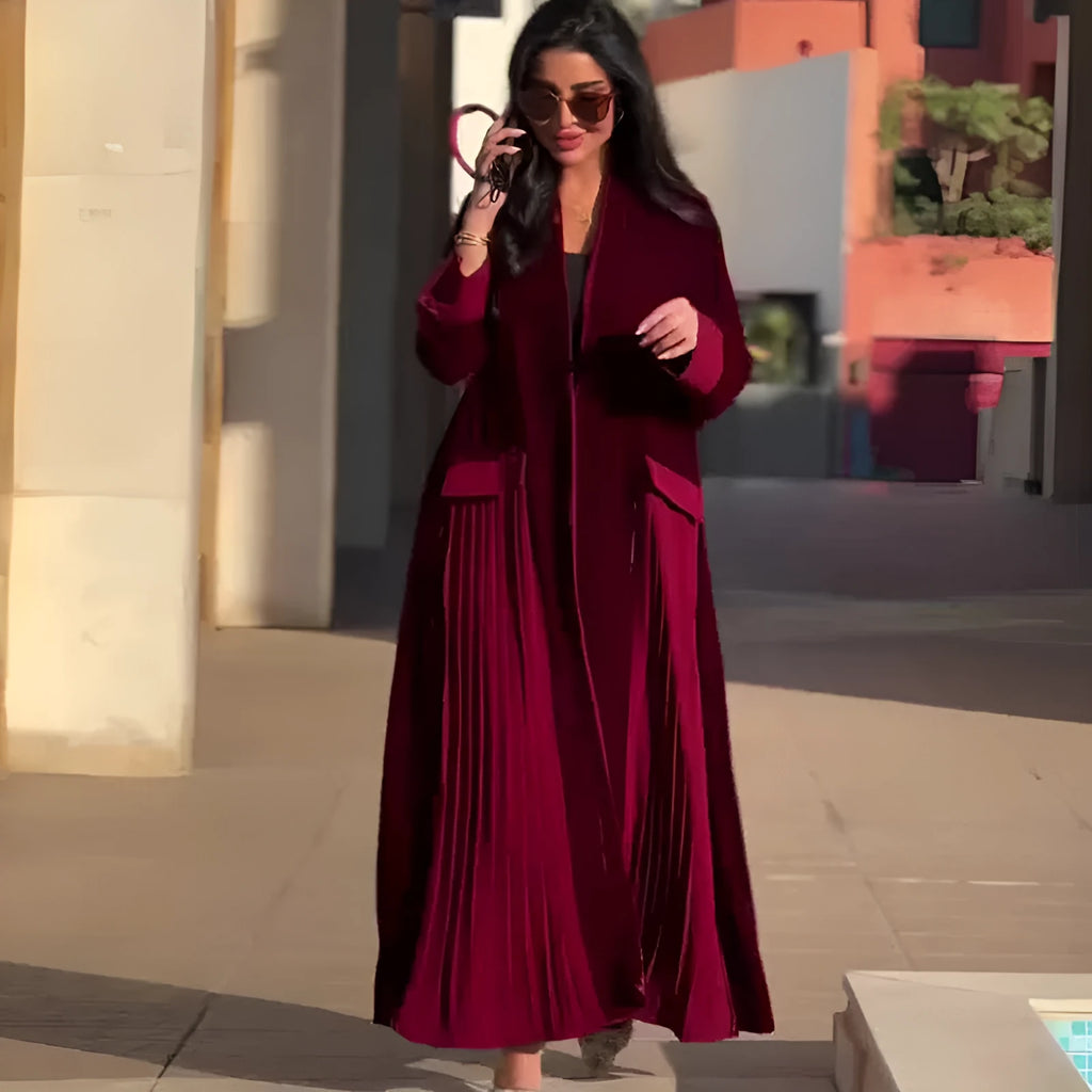 Women's pleated stitching polyester long sleeve coat in wine red, street hipster style