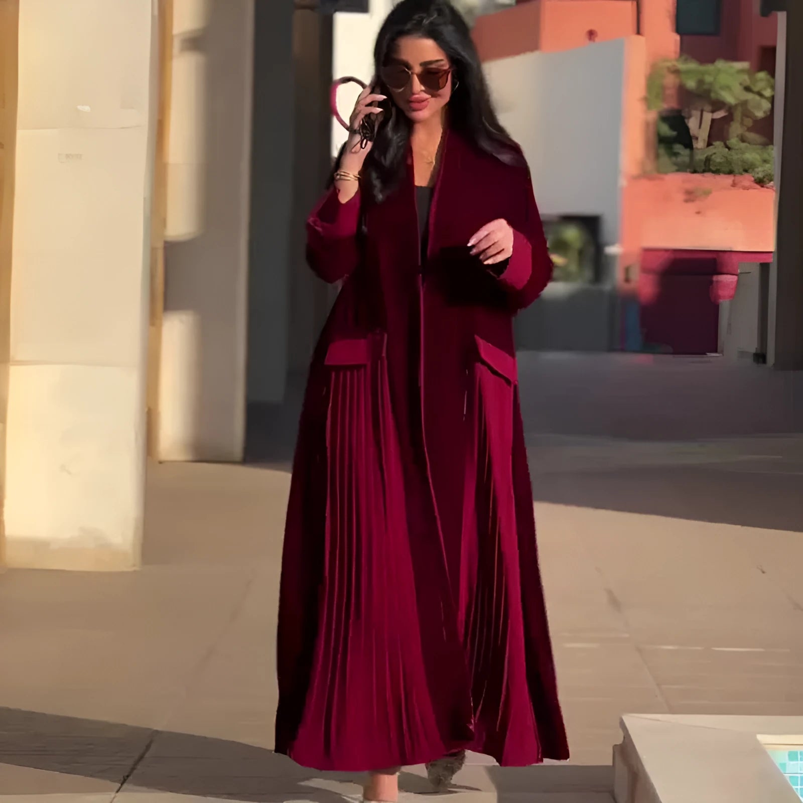 Women's pleated stitching polyester long sleeve coat in wine red, street hipster style