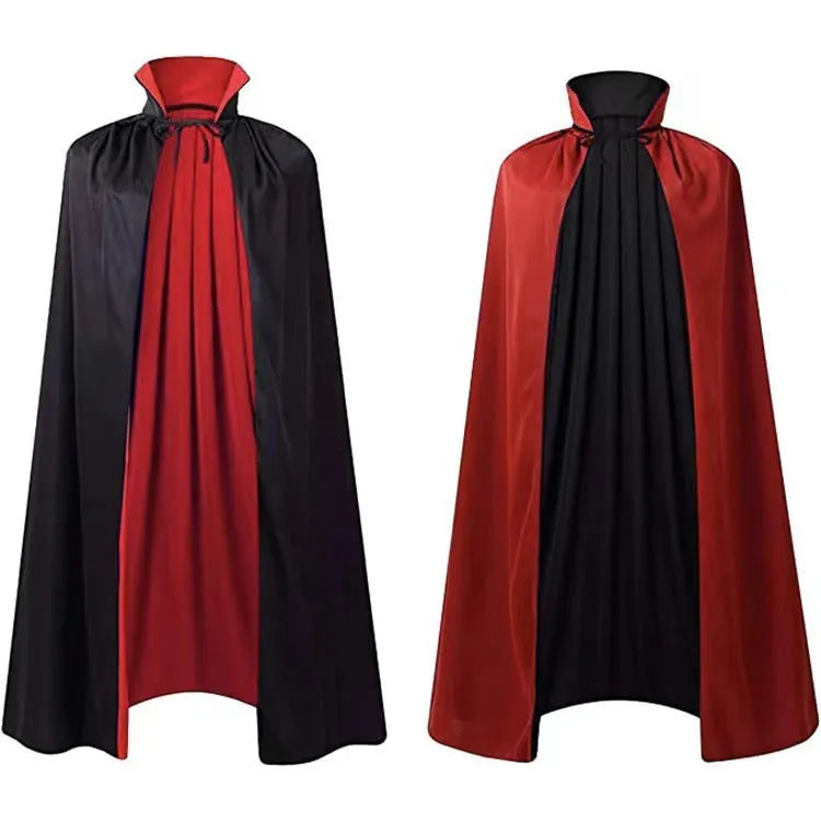 A black satin hooded cloak costume for children, shown laid flat.