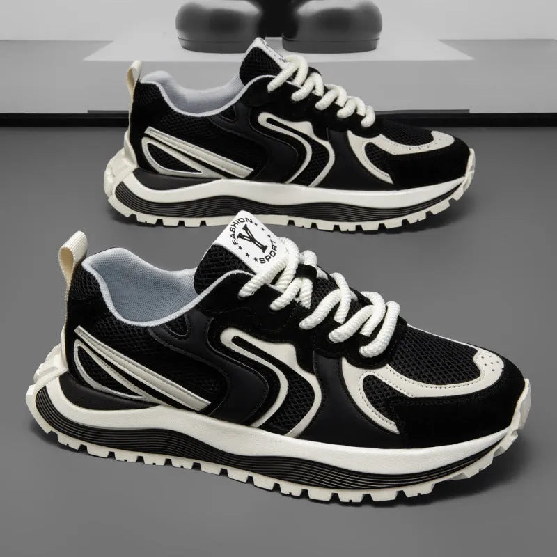 Men's black mesh and synthetic leather lace-up casual sneaker with rubber sole.