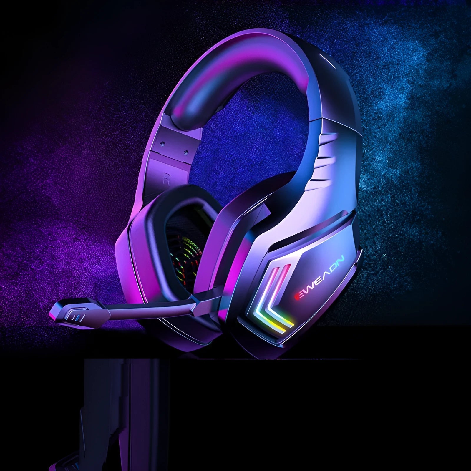 Black wireless Bluetooth headphones with RGB lighting and noise reduction technology