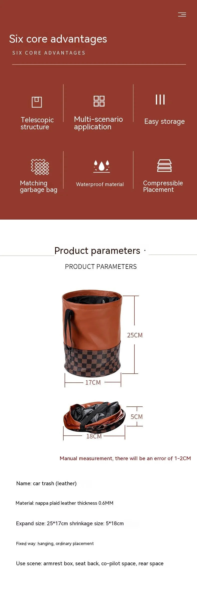 Leather retractable car trash can with handle for vehicle interior